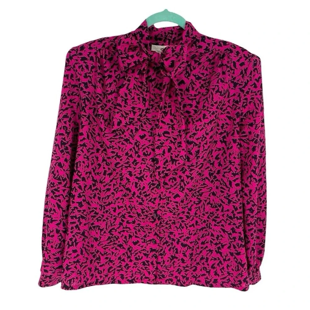 Vintage Vibrant Abstract Print Artsy Funky Bright Tie Neck Feminine Sexy Blouse - Picture 1 of 9